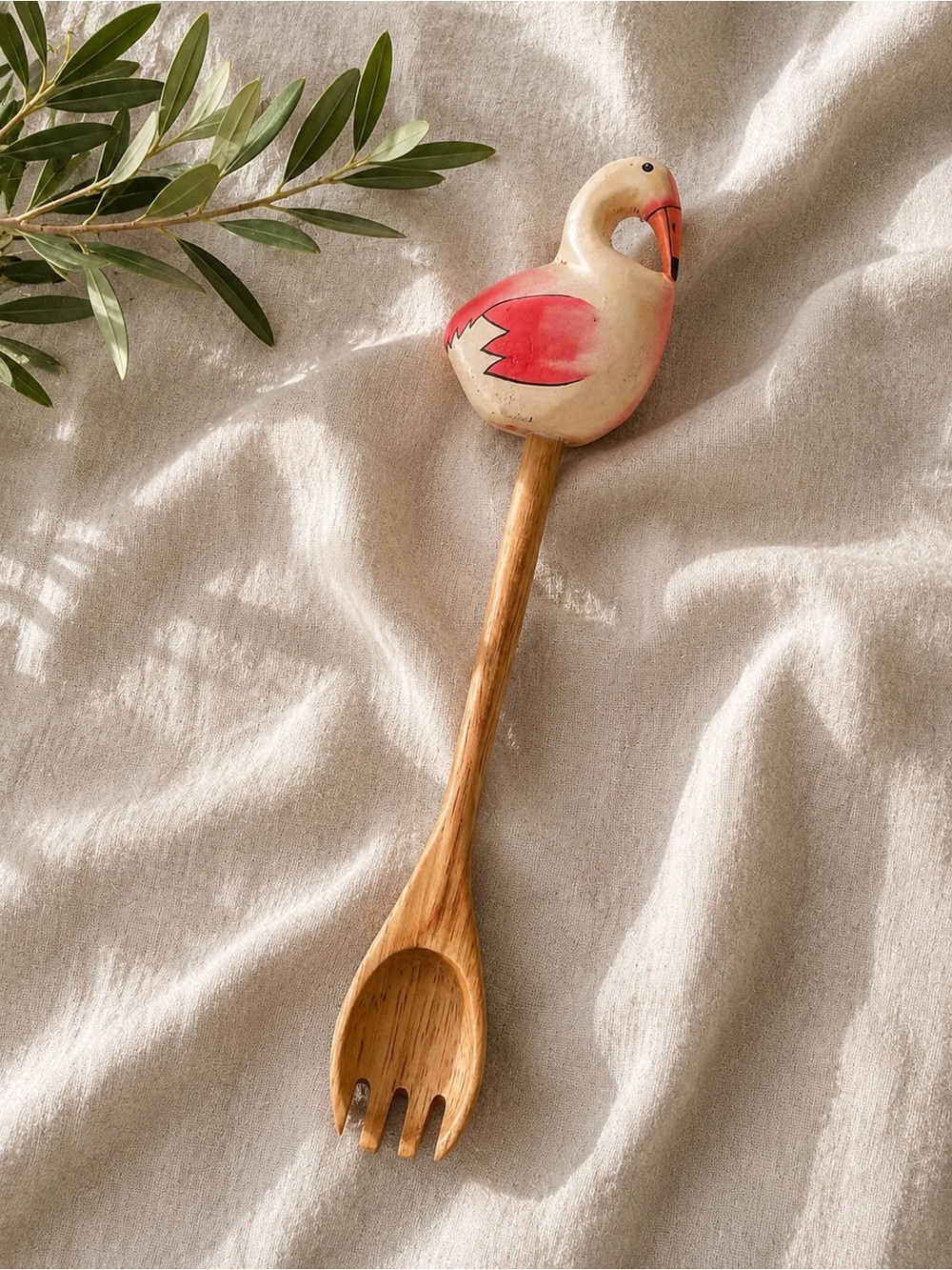 Vintage Wooden Flamingo Salad Server Spoon Fork Tropical Kitchen Utensil Decor
